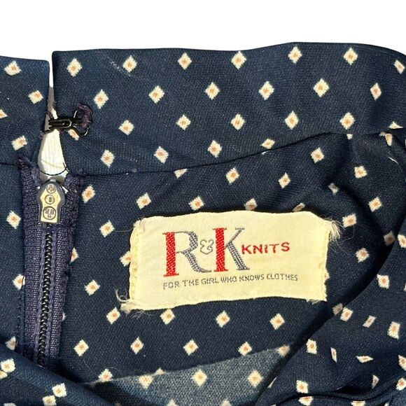 Vintage 70s R&K Knits Midi Dress Navy Blue Retro Scarf Neck Long Sleeve Sz Small - Picture 3 of 10